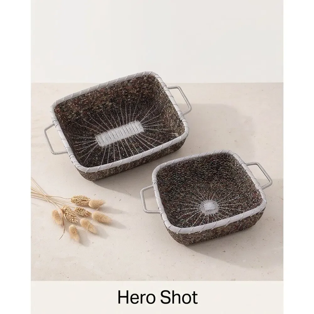 Beautiful Tray Multi Bead Art Silver Metal Woven Basket Made In India Set Of 2